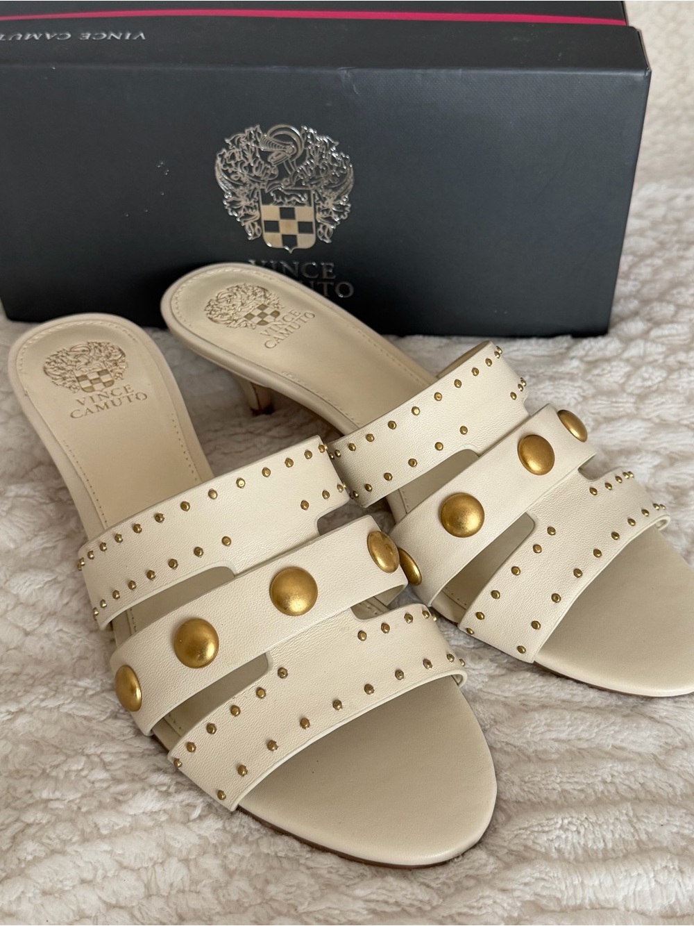 Vince Camuto Kyler Cream Slide Mules with Gold Studs